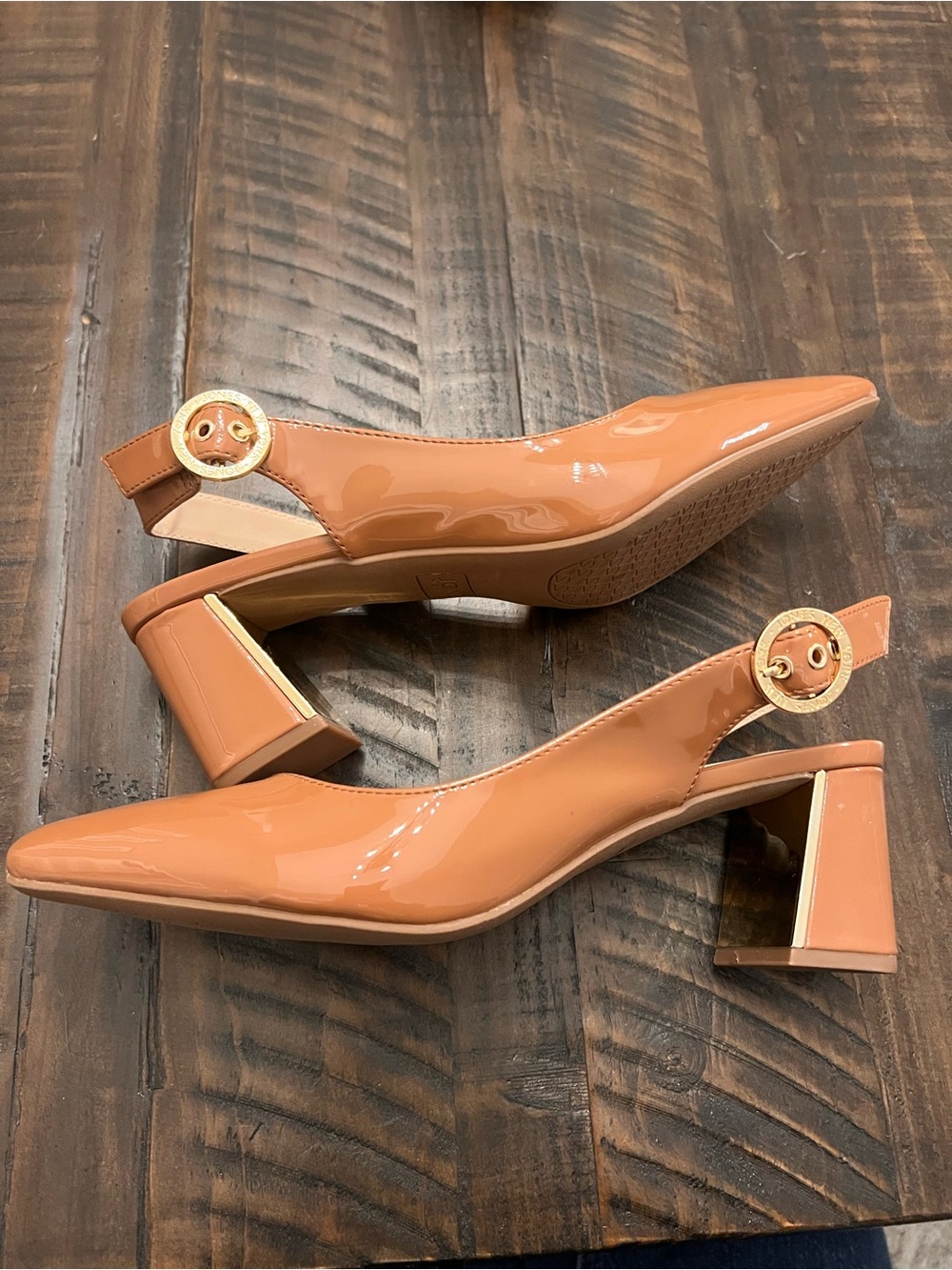Jones New York Candree Patent Slingback Block Heel Pumps | Women’s 9.5M | Camel